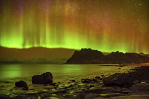 Aurora Borealis (Northern Lights) Over Coastline at Utakleiv, Lofoten Islands, Norway