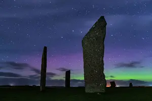Aurora Borealis Prints: Aurora Borealis (Northern Lights) in the night sky above the Neolithic Stones of Stenness on Mainland