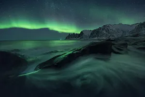 Rugged Peak Prints: Aurora borealis over Tungeneset and the Okshornan Peaks, Senja Island, Norway