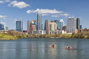 City Break Prints: Austin Skyline with Kayakers on Colorado River, Texas, USA
