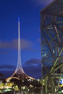 Sky Line Gallery: Australia, Victoria, Melbourne. Glass and steel architecture of Federation Square with the spire