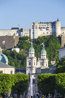 Austria, Salzburg, View of Hohensalzburg Castle from Mirabell Palace and Gardens
