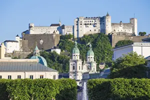 Austria, Salzburg, View of Hohensalzburg Castle from Mirabell Palace and Gardens