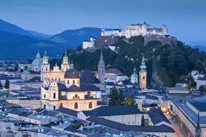 Austria, Salzburg, View of Hohensalzburg Castle above The Old City