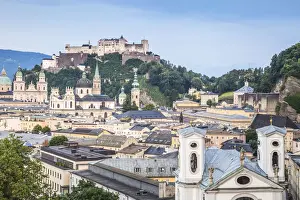 Austria, Salzburg, View of Hohensalzburg Castle above The Old City