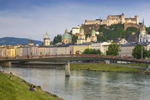 Pedestrian Bridge Prints: Austria, Salzburg, View of Makartsteg bridge over Salzach River and Hohensalzburg