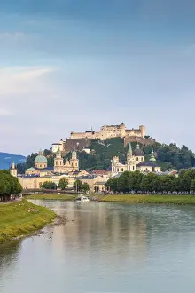 Austria, Salzburg, View of Makartsteg bridge over Salzach River and Hohensalzburg
