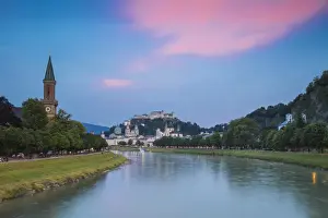 Austria, Salzburg, View of the Protestant parish Salzburg Christ Church, Salzach River