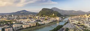 Austria, Salzburg, View of Salzach River The Old City to the right and the New City