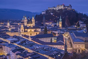 Austria, Salzburgerland, Salzburg, elevated city view, dusk
