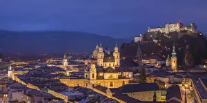 Austria, Salzburgerland, Salzburg, elevated city view, dusk