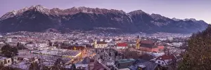 Austria, Tyrol, Innsbruck, elevated city view with the Wilten Basilica and Wilten Abbey Church