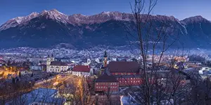 Austria, Tyrol, Innsbruck, elevated city view with the Wilten Basilica and Wilten Abbey Church