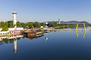Light Houses Collection: Austria, Vienna, Donau City, Lighthouse, Sunken City and the Ponte Cagrana Pontoon