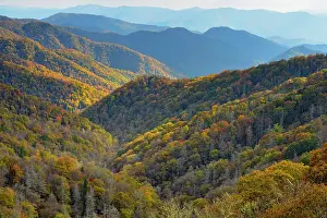 Woodlands Prints: Autumn colour on the mountain slopes from the Oconoluftee Overlook