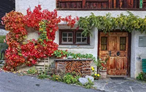 Maloja Region Prints: Autumn facade of a house, Coltura, Stampa, Maloja region, Canton of Graubunden, Bregaglia