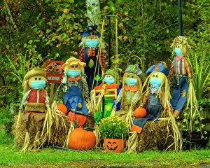 Activity Prints: Autumn hravest diarama with mask-wearing mannequins, Greater Sudbury, Ontario, Canada