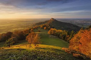 Autumn landscape, Hohenzollern Castle, dawn, hoar frost, Swabian Jura, Zollernalb
