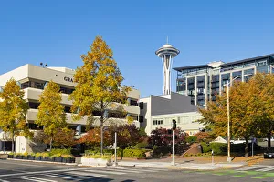 Jbanks Prints: Autumn Leaves and Space needle, Seattle, Washington, USA