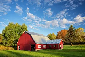 Intimate Landscape Prints: Autumn over red barn, Green Mountains, Danville, Vermont, USA