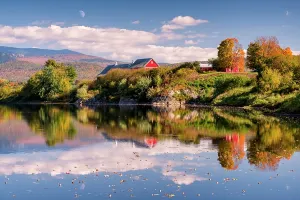 Autumn Leaf Prints: Autumn reflection on Connecticut River with red barn and moon, Newbury, Vermont, USA