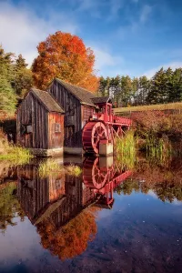 Watermill Prints: Autumn reflection at the Old Guildhall Grist Mill