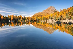 Autumn reflections at Saoseo Lake, Poschiavo Valley, Canton of Graubuenden Switzerland