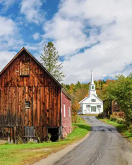 Autumn Leaf Prints: Autumn over road with white-steeple church and red barn