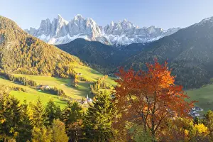 Peter Adams Prints: Autumn, St. Magdalena village, Geisler Spitzen (3060m), Val di Funes, Dolomites mountains