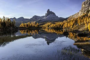 Autumn sunrise at Lake Federa, Cortina d Ampezzo, Belluno district, Veneto, Italy