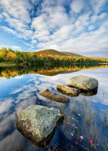 Groton Prints: Autumn sunrise reflection on Noyes Pond, Green Mountains, Groton, Vermont, USA
