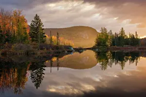 Autumn Leaf Prints: Autumn sunrise over Turtlehead Pond, Green Mountains, Marshfield, Vermont, USA