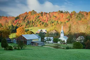 Township Prints: Autumn sunrise over white-steeple church and barn