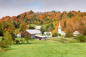 Autumn Leaf Prints: Autumn sunrise over white-steeple church and barn