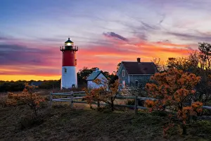 Eastham Prints: Autumn sunset at Nauset Beach Light on Cape Cod, Eastham, Massachusetts, USA