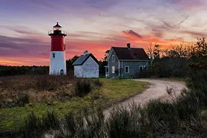 Eastham Prints: Autumn sunset at Nauset Beach Light on Cape Cod, Eastham, Massachusetts, USA