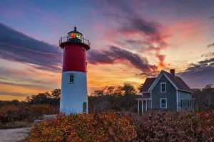 Autumn sunset at Nauset Lighthouse, Cape Cod, Eastham, Massachusetts, USA