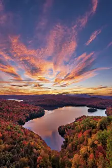 Autumn Leaf Prints: Autumn sunset over Nichols Pond, Green Mountains, Woodbury, Vermont, USA