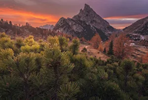 Autumn sunset over the Sass de Stria and the Falzarego Pass in the Dolomites, Italy Autumn sunset over the Sass de Stria and the Falzarego Pass in the Dolomites, Italy