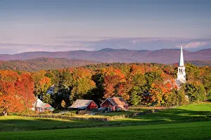 Township Prints: Autumn sunset over white-steeple church and red barns