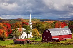 Peacham Prints: Autumn sunset over white-steeple church and red barns