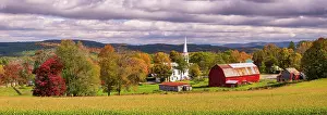 Autumn Leaf Prints: Autumn over white-steeple church and red barn, Green Mountains, Peacham, Vermont, USA