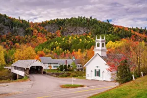Timber Prints: Autumn over white-steepled church and covered bridge, Stark, New Hampshire, USA