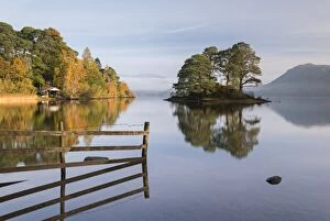 Autumnal scenery on the shore of Derwent Water in the Lake District National Park, Cumbria, England