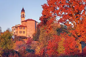 Brianza Prints: Autumnal trees frame the Villa Guardia church illuminated by the first ray of the morning
