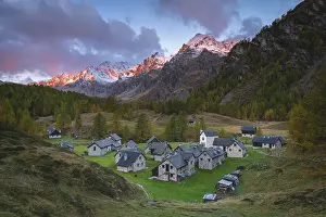 Trails Prints: Autumnal view of the Crampiolo town with the mountains surrounding Alpe Devero