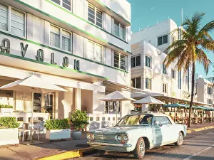 Classic Car Prints: Avalon Hotel, Vintage Car in baby Blue Ocean Drive Art Deco District South Beach