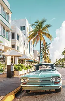 Art Deco Prints: Avalon Hotel, Vintage Car in baby Blue Ocean Drive Art Deco District South Beach