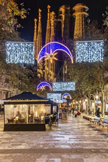 Roman Catholic Collection: Avinguda Gaudi pedestrian mall adorned with Christmas lights