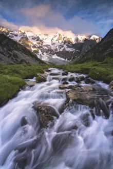 Italian Valley Prints: Aviolo river at sunset in spring season, Adamello park in Brescia province